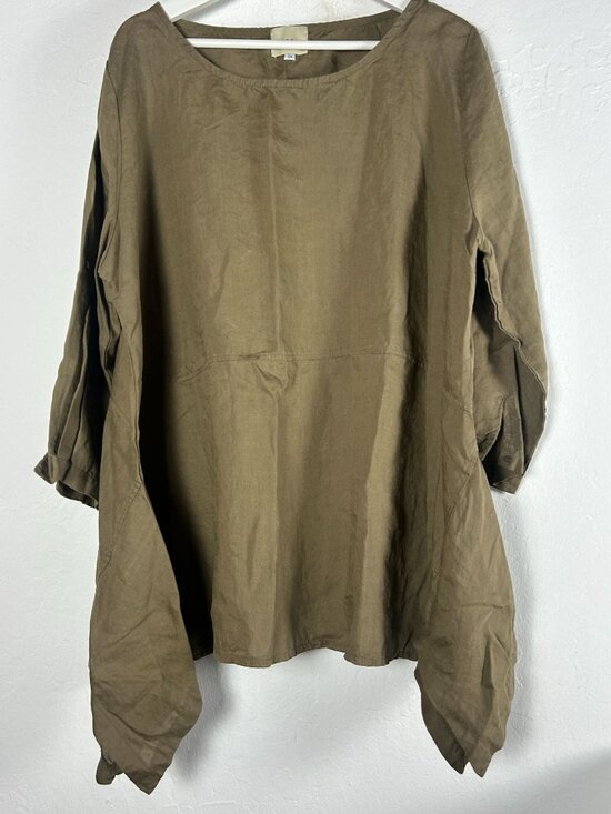 Yea Tops - Yea Womens Linen Asymmetrical Tunic Top 2X Brown 3/4 Sleeve Lagenlook Casual